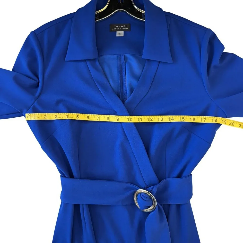 Tahari Arthur S. Levine Blue Belted Midi Faux Wrap Dress Collared Neck - Picture 5 of 11